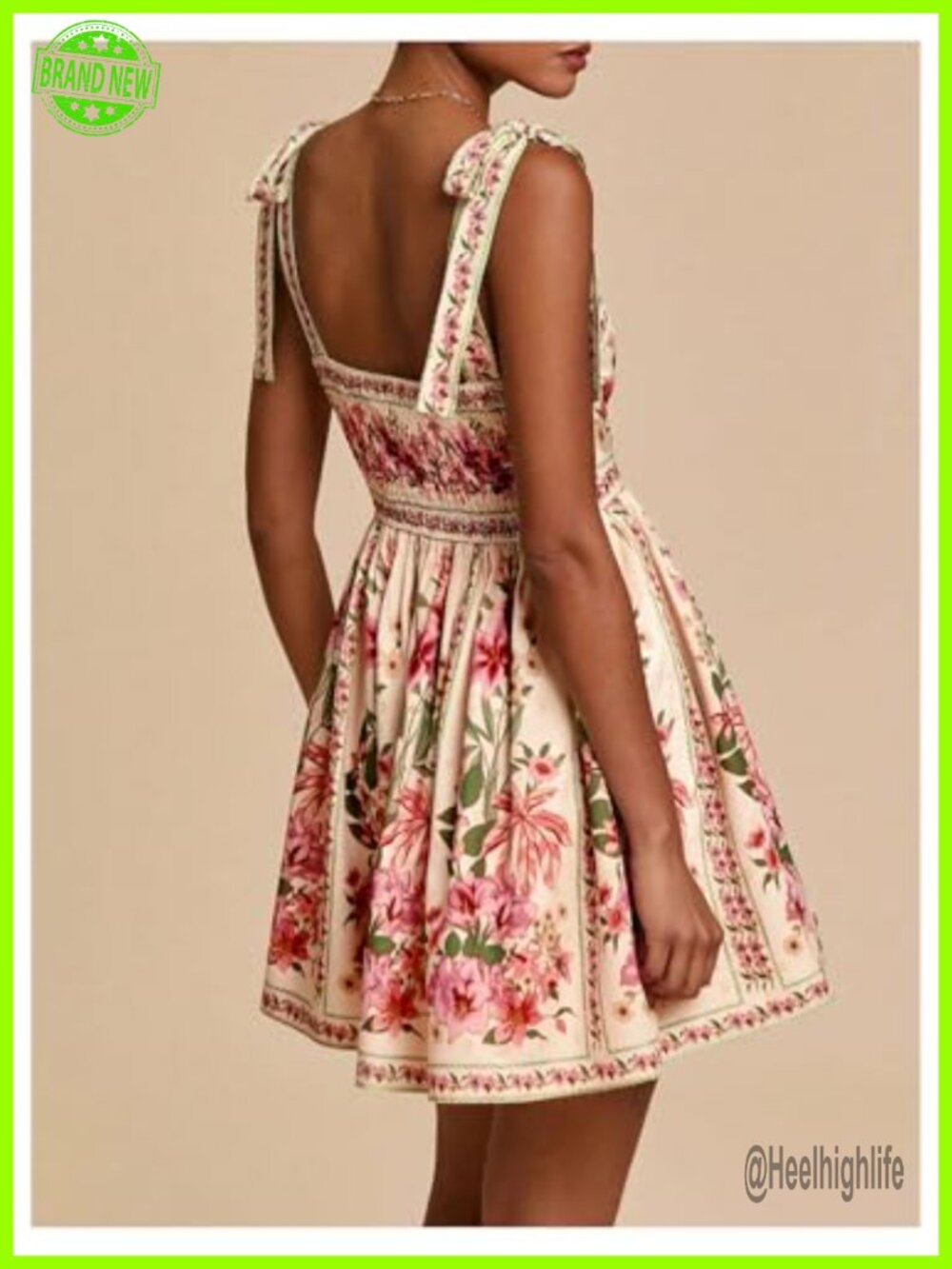 Sleeveless Tie Shoulder Floral Mini Dress Square Neck Ruffle Hem - Picture 5 of 6